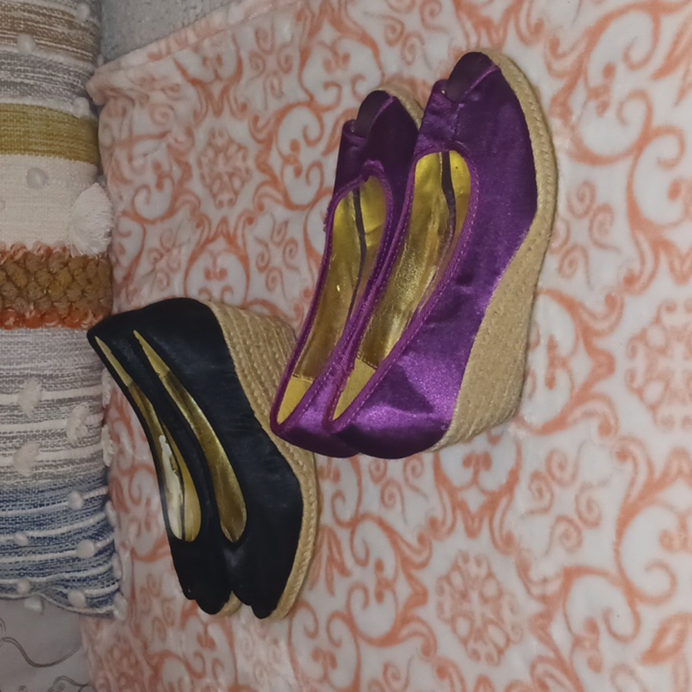 2 pair H&M Satin Espadrille Peep Toe Wedge 1 Black 1 Magenta